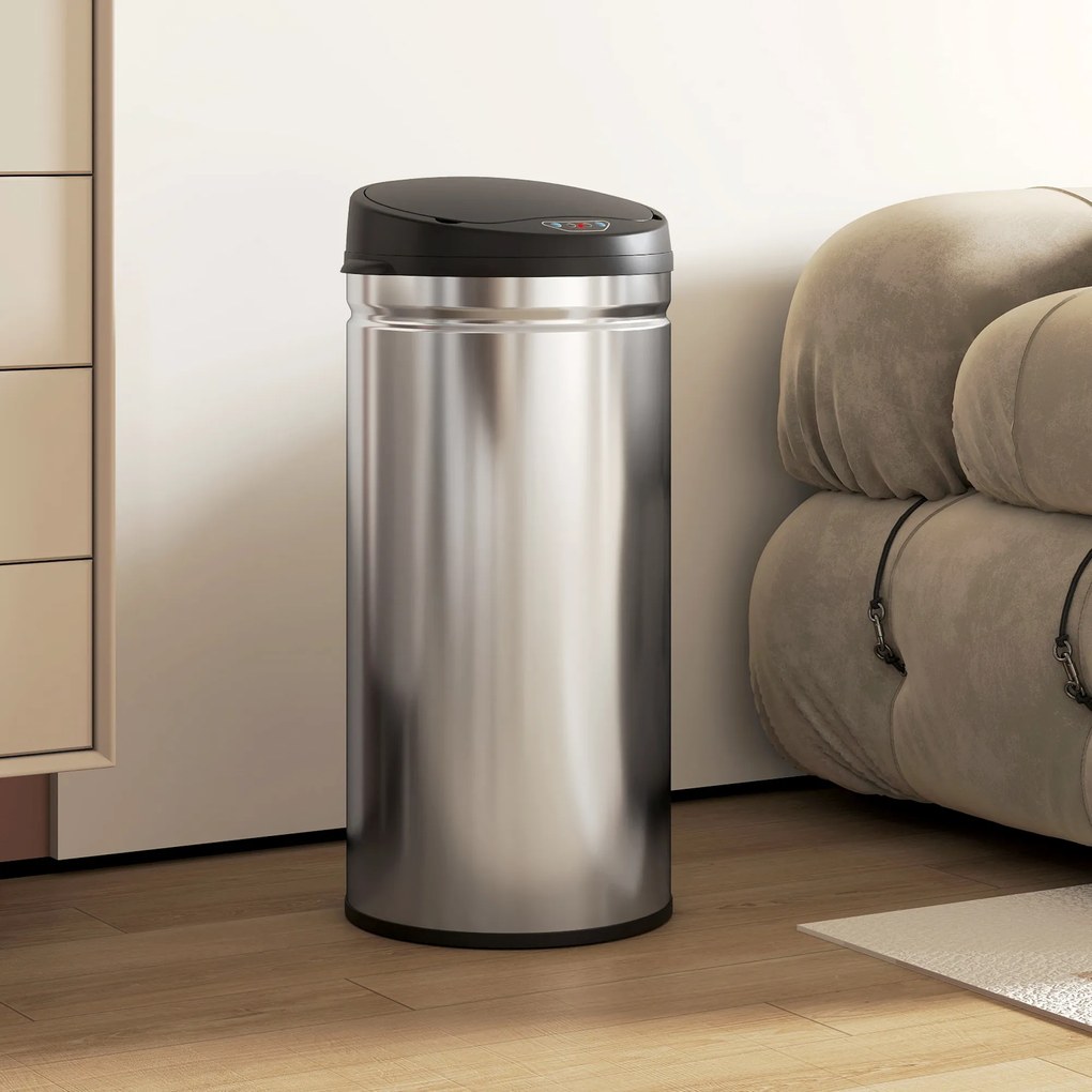 Coș de gunoi HOMCOM de 42L cu Senzor de Mișcare și Deschidere Automată, din Oțel Inoxidabil și ABS, 30.5x30.5x68 cm, Negru și Argintiu | Aosom Romania