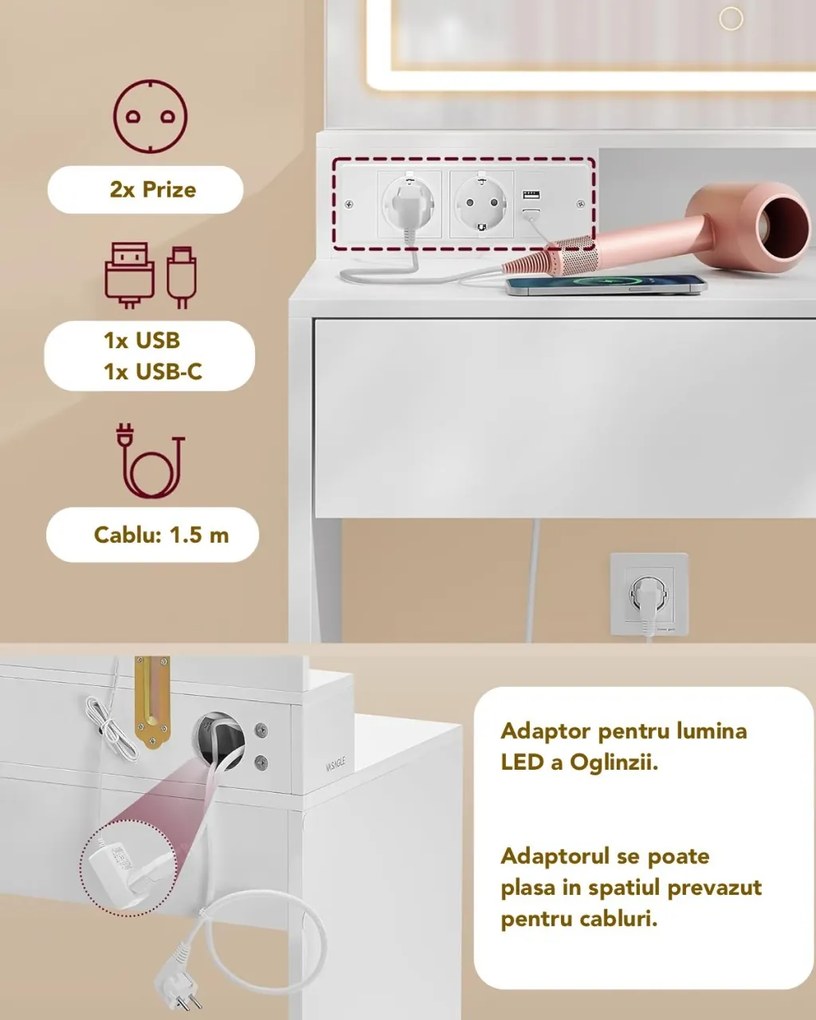 Masuta machiaj cu Oglinda LED si 2 Sertare pentru Cosmetice, Set Masa toaleta 90 cm, Alb, masuta cosmetica, vanity - SEA804