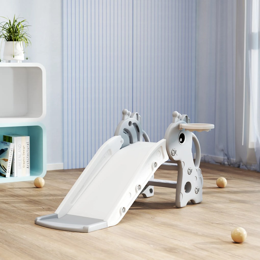 AIYAPLAY Tobogan 3-in-1 pentru Copii, Formă de Girafă, Coș de Baschet, Minge, Gri | Aosom Romania