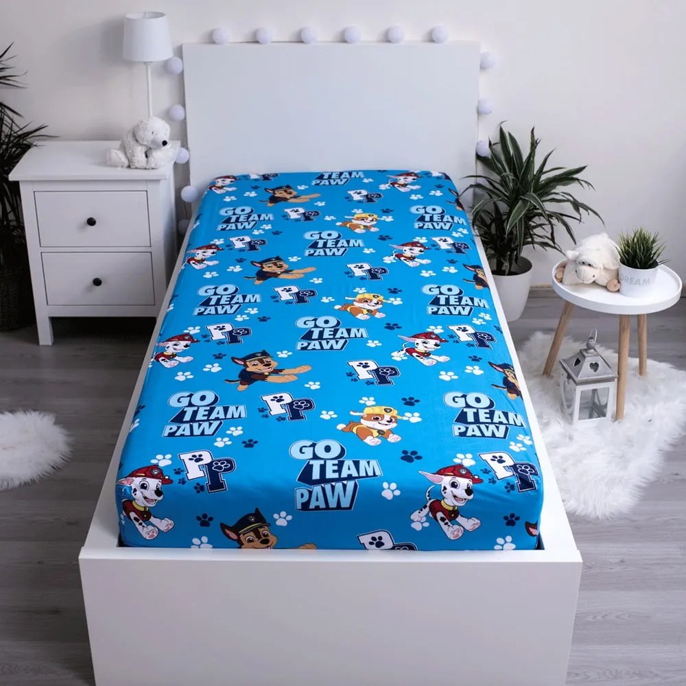 Cearceaf pentru copii albastru din bumbac cu elastic 90x200 cm Paw Patrol – Jerry Fabrics