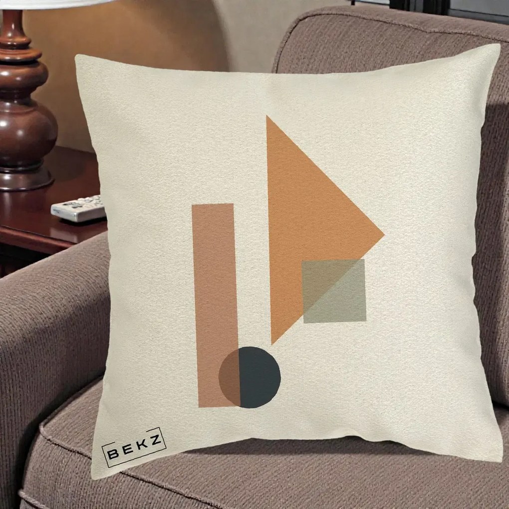 Perna Decorativa Geometric Bauhaus Triunghi, 40x40 cm, Ecru, Husa Detasabila, Perna Inclusa, BEKZ®