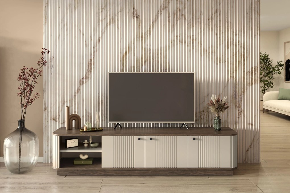 Comodă TV pe soclu Vesper 3D 187 cm - cașmir / nuc / mânere negre