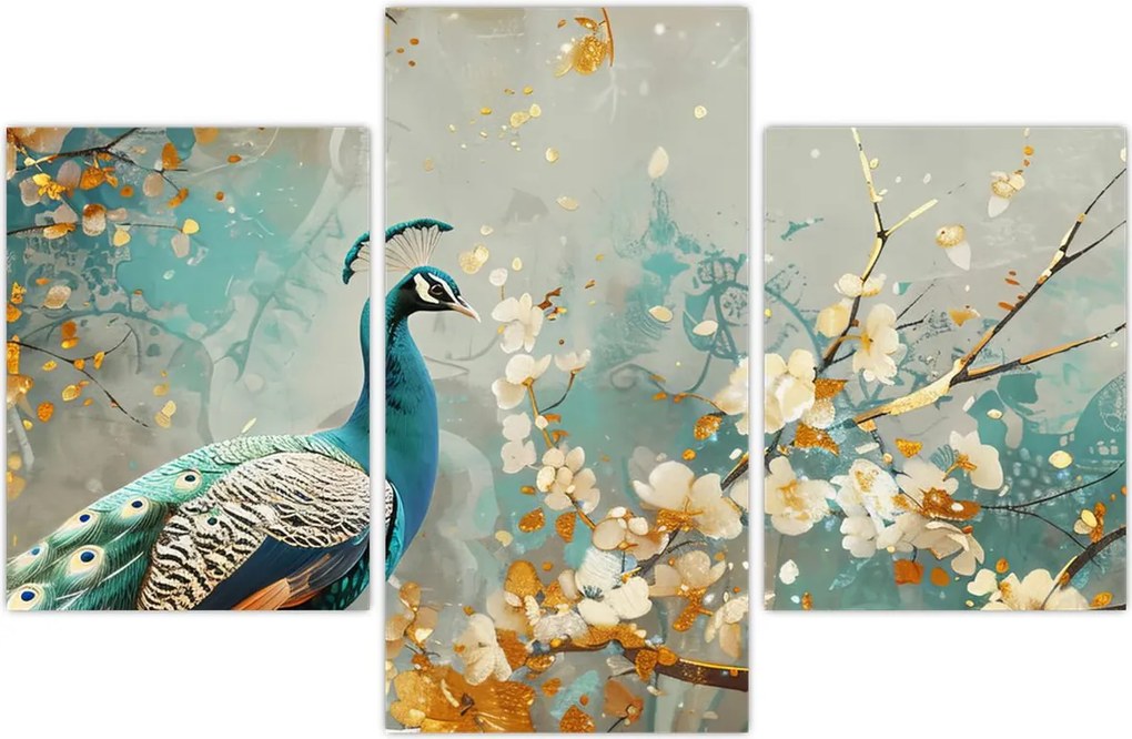 Tablou - Păun cu decor de aur (90x60 cm)