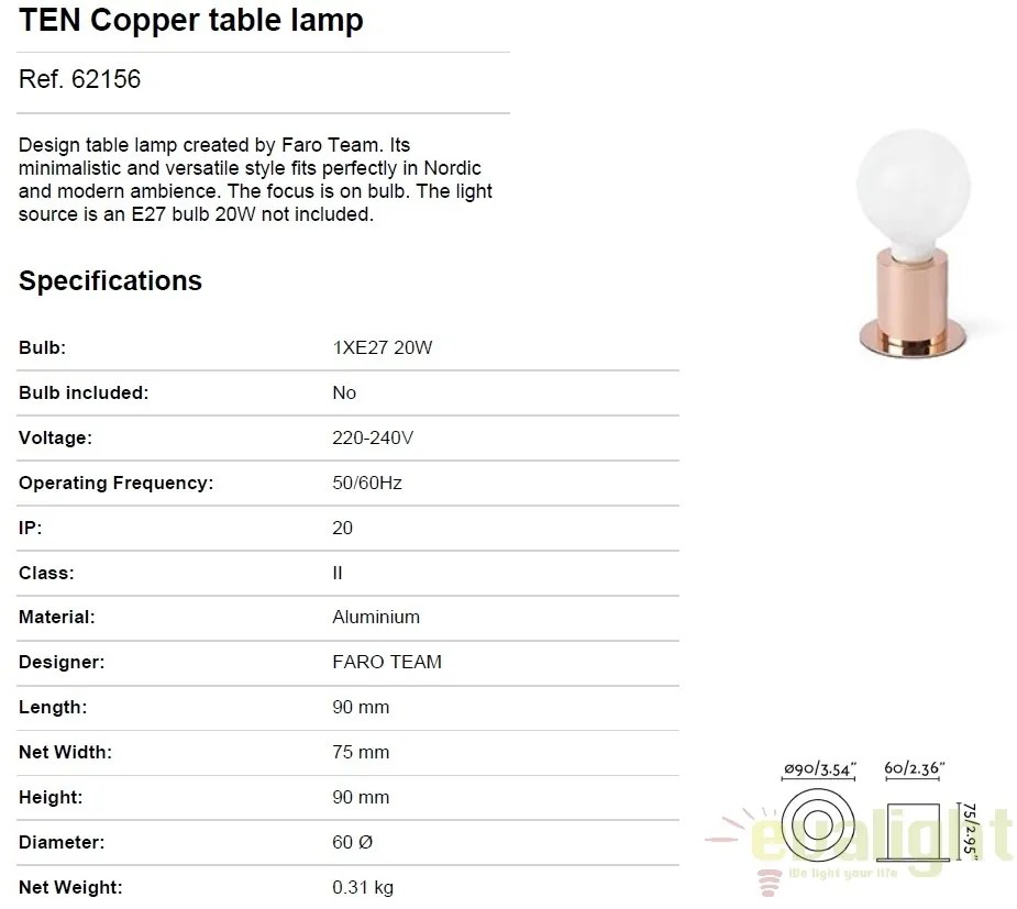 Veioza / Lampa design modern minimalist TEN cupru 62156