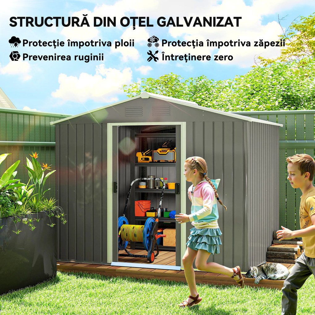 Outsunny Casută de Grădină, Magazie de Exterior pentru Unelte cu 2 Uși Culisante și 4 Prize de Aerisire, 236x174x190 cm, Gri | Aosom Romania