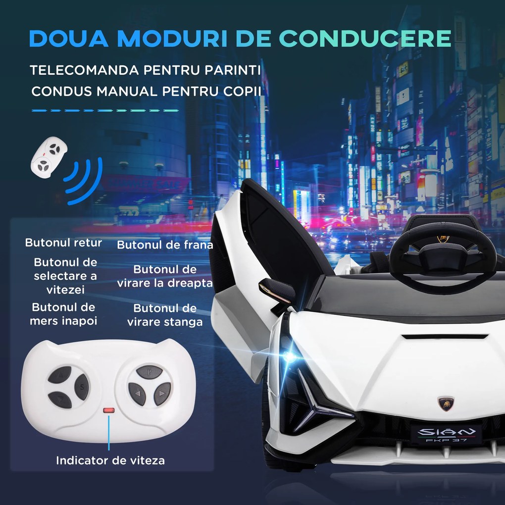 HOMCOM Mașină Electrică pentru Copii 3-5ani, Mașinuță Electrică Lamborghini cu Faruri, Muzică și Telecomandă, 108x62x40cm, Alb | Aosom Romania