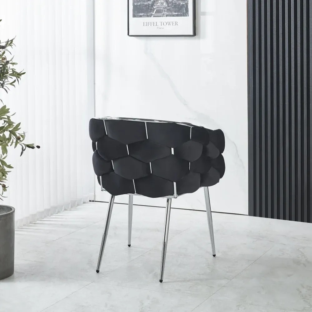 Scaun dining, tapiterie catifea, cadru metalic argintiu, Negru