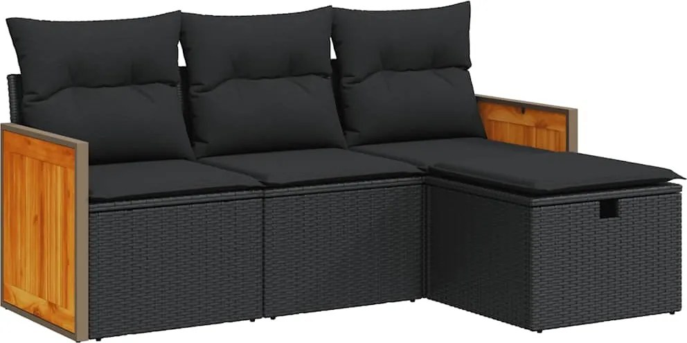 vidaXL Set mobilier de grădină cu perne, 4 piese, negru, poliratan