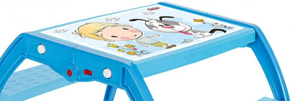 Masuta copii din plastic aditivat cu doua bancute Novokids™ Study Table, 95X78X49 cm, Suprafata lucioasa, Model Baietel cu Catelus, Albastru