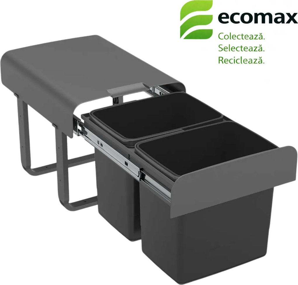 Cos gunoi incorporabil Ekko Jazz 40 Ecomax, cu extragere totala, colectare selectiva, gri antracit, 2 x 15 l Polipropilena, L:355 mm; A:470 mm; H:365