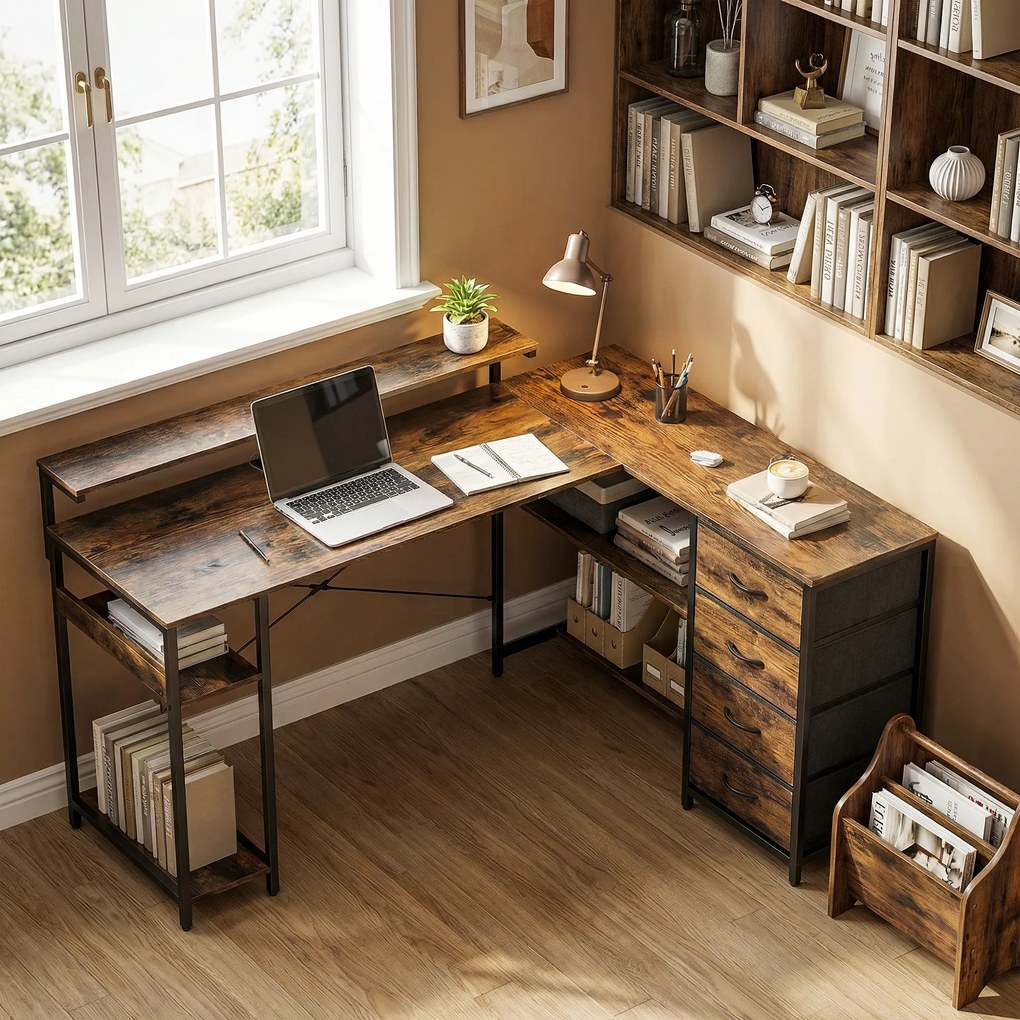 HOMCOM Birou de gaming în formă de L cu priză integrată, iluminare LED, 4 sertare, suport monitor 155x110x91,4 cm Maro | Aosom Romania