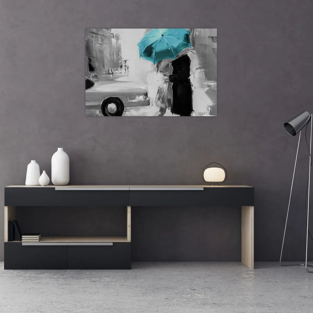 Tablou - Cuplu în dragoste cu umbrelă, albastru (90x60 cm)