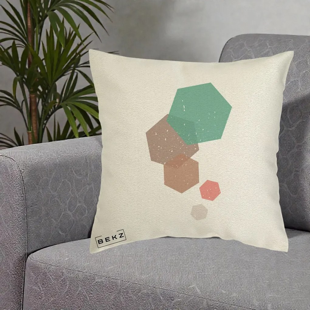 Perna Decorativa Geometric Hexagoane Pastel, 40x40 cm, Ecru, Husa Detasabila, Perna Inclusa, BEKZ®