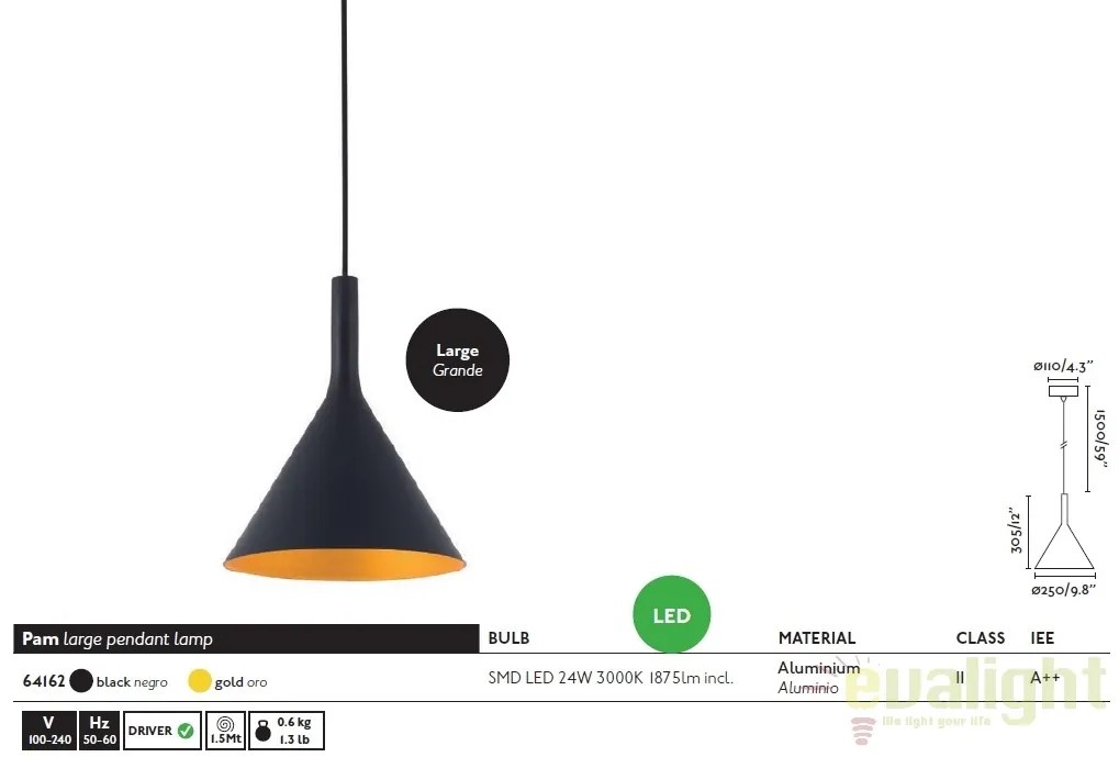 Pendul LED modern PAM-G large negru/auriu 64162