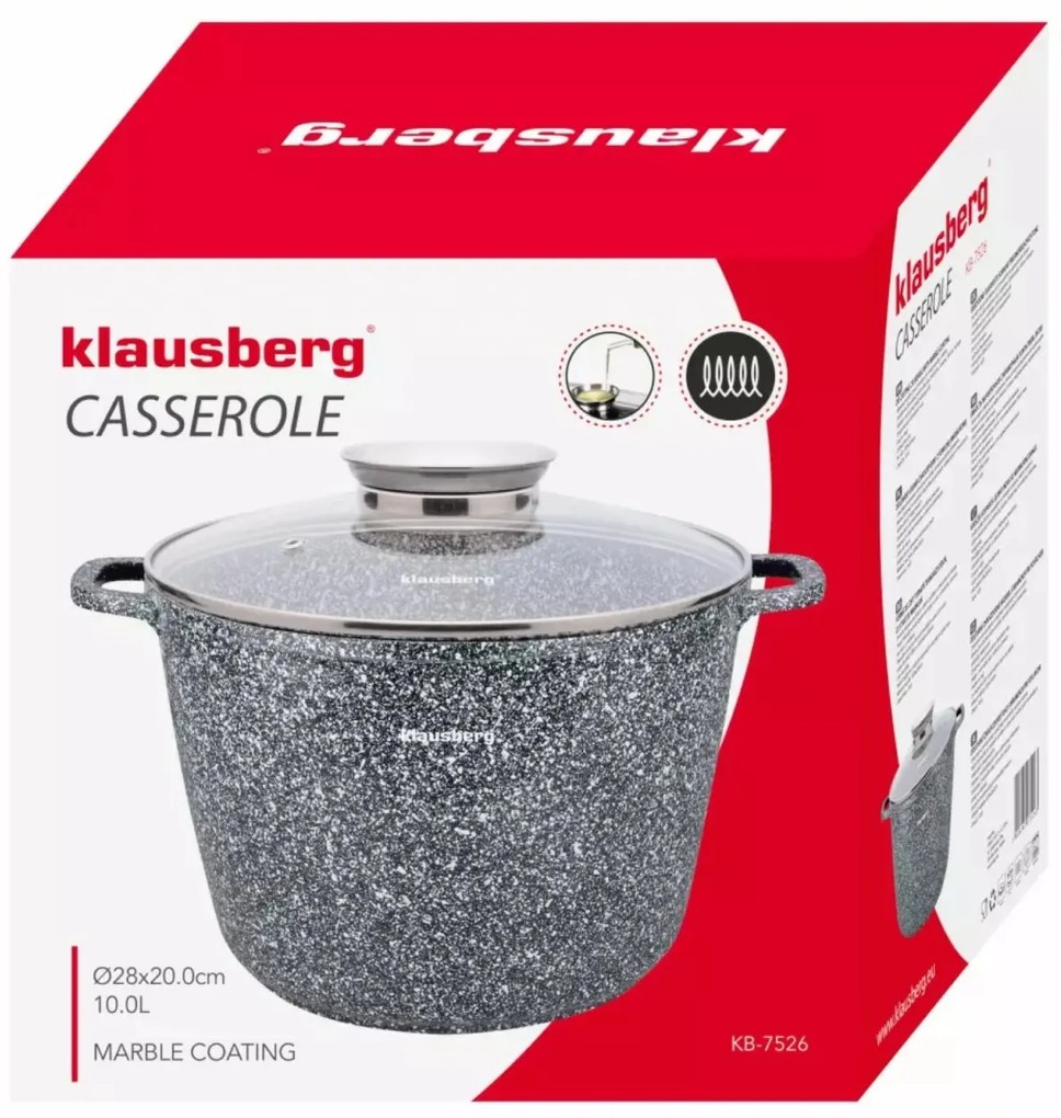 Oală cu capac 28 cm, 10L – Klausberg KB 7526, antiaderentă, gri, ideală pentru gătit în familie, strat marmură, pentru toate plitele