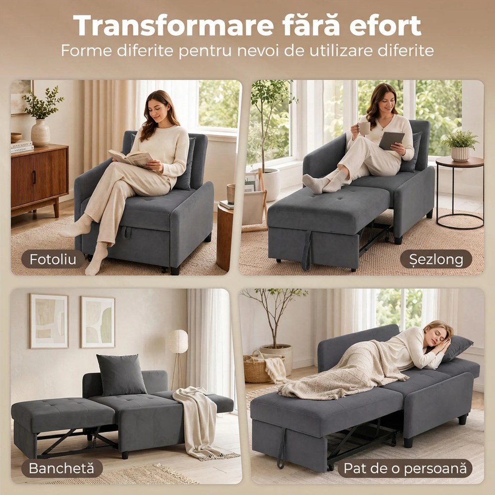 HOMCOM Fotoliu Extensibil 4 în 1 Tapițat, Rabatabil 3 Poziții, Catifea cu Roți, 73x90x83 cm, Gri Închis | Aosom Romania