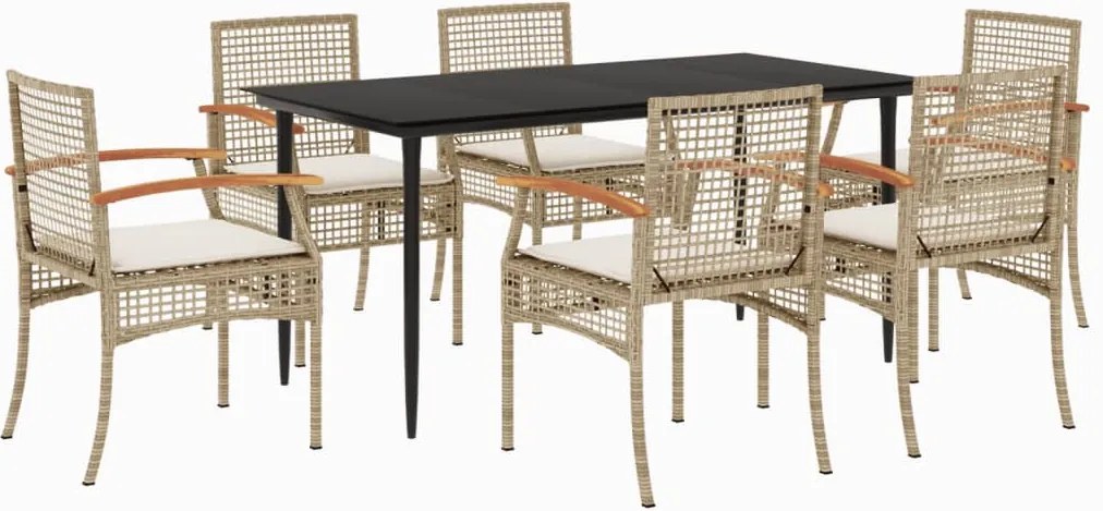 vidaXL Set de masă pentru grădină, 7 piese, cu perne, bej, poliratan
