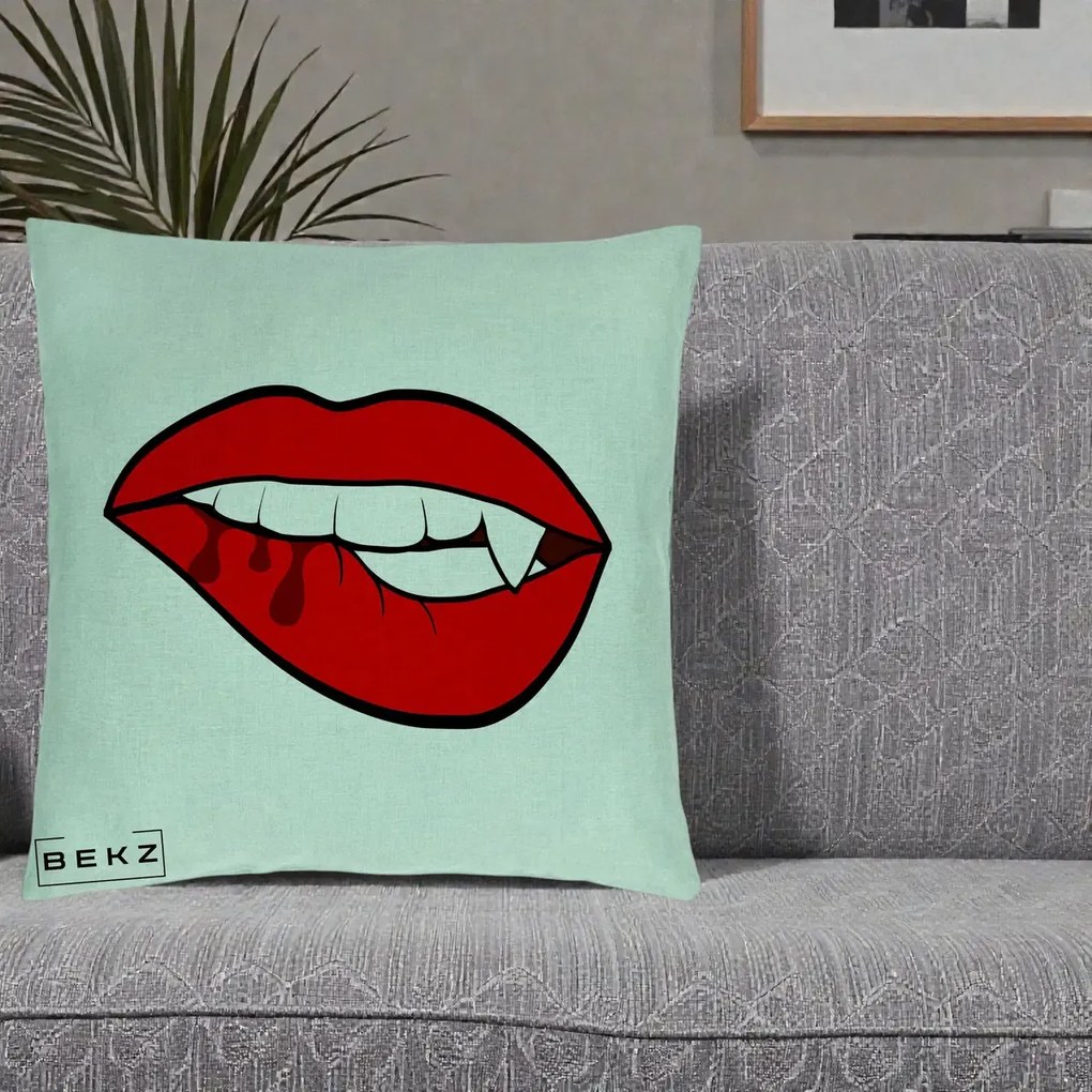 Perna Decorativa Vampire Lips Halloween, 40x40 cm, Verde Menta, Husa Detasabila, Perna Inclusa, BEKZ®