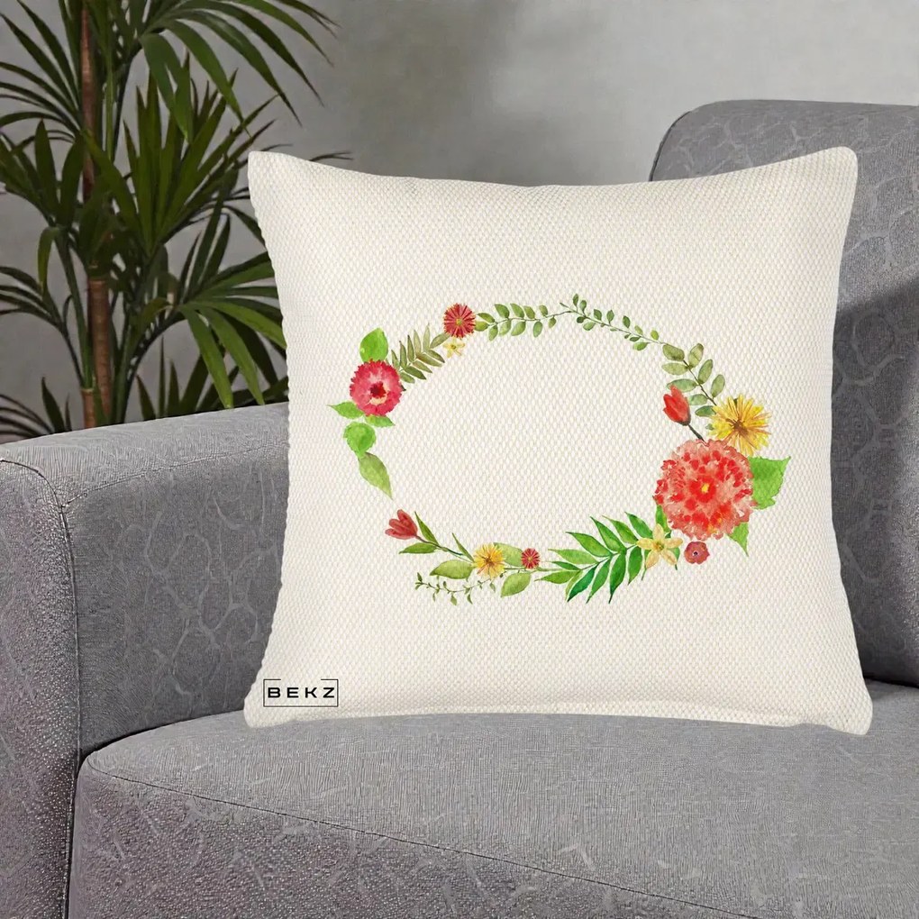 Perna Decorativa Coroana Florala Acuarela, 40x40 cm, Crem Reliefat, Husa Detasabila, Perna Inclusa, BEKZ®