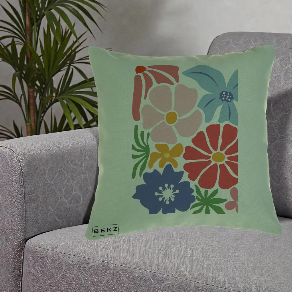 Perna Decorativa Flori Grafice Roz-Rosu-Albastru, 40x40 cm, Verde, Husa Detasabila, Perna Inclusa, BEKZ®