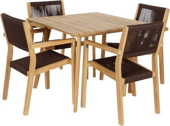 Set dining exterior din lemn de tec și frânghie, masă și 4 scaune, 5 piese, finisaj natural, „Terrawood”