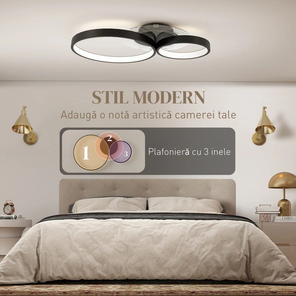 HOMCOM Lampă de tavan LED Modernă cu Intensitate Reglabilă, Putere 40W, Negru | Aosom Romania
