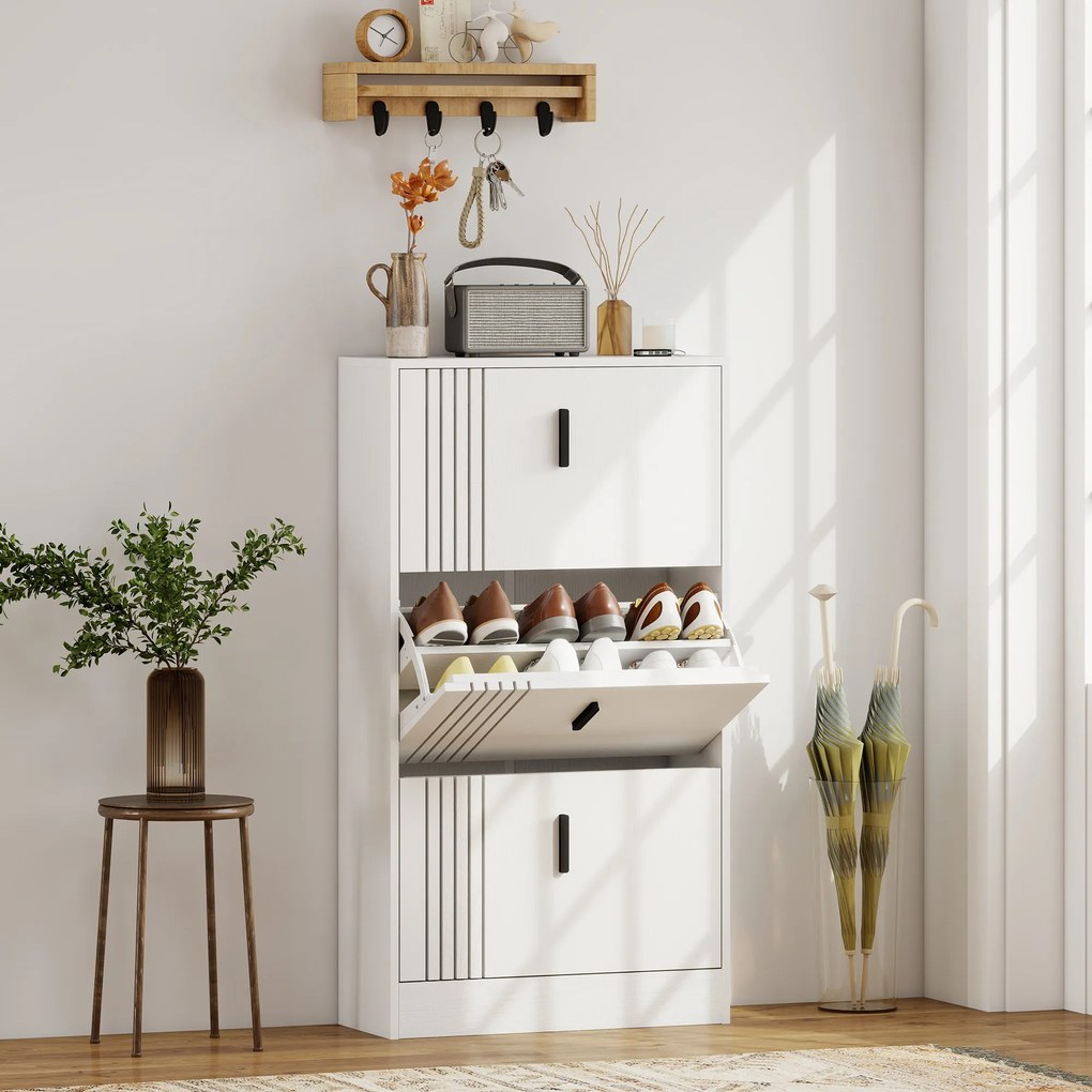 HOMCOM Dulap pentru încălțăminte dulap pantofi cu 3 uși rabatabile 18 perechi capacitate mare din lemn 63 x 24 x 117 cm alb | Aosom Romania