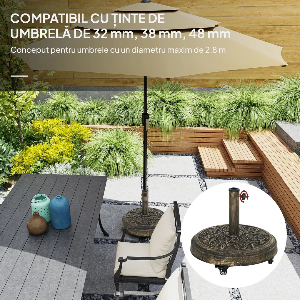 Outsunny Bază Rotundă pentru Umbrelă de Exterior, 21 kg, Bază din Rășină cu Roți și Suport pentru Umbrele de 3,3 cm/3,8 cm/4,8 cm, pentru Grădină, Terasă, Piscină, Bronz | Aosom Romania