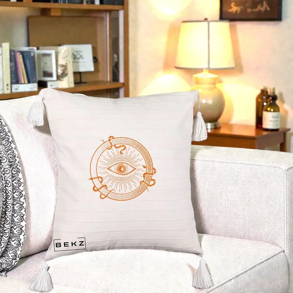 Perna Personalizata Ochiul Providentei Mistic Orange, 40x40 cm, Bej cu Franjuri, Husa Detasabila, Perna Inclusa, BEKZ®
