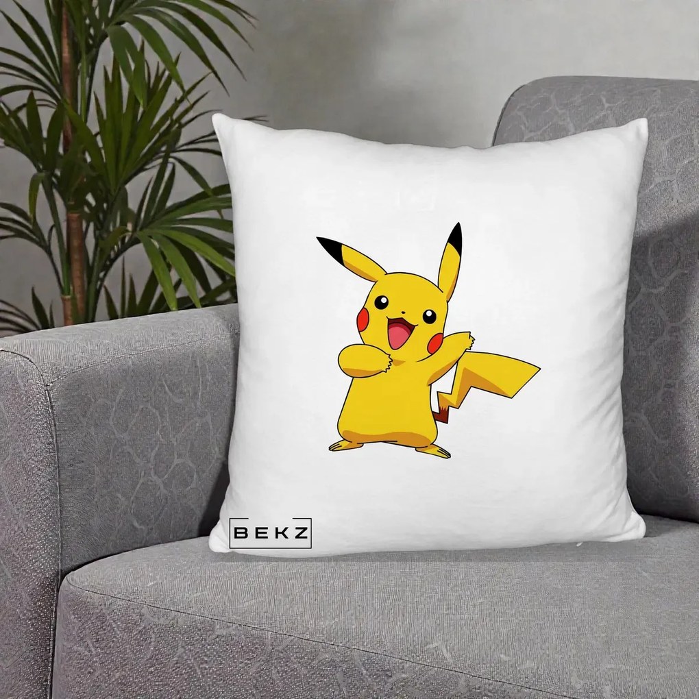 Perna Personalizata Pikachu Fericit, 40x40 cm, Alb Pufos, Husa Detasabila, Perna Inclusa, BEKZ®