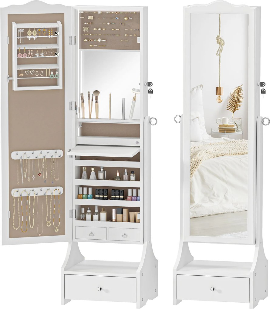 HOMCOM Oglindă pentru bijuterii cu iluminare LED Dulap bijuterii cu oglindă reglabilă pe 4 unghiuri Sertare Etajeră interioară pliabilă Alb | Aosom Romania