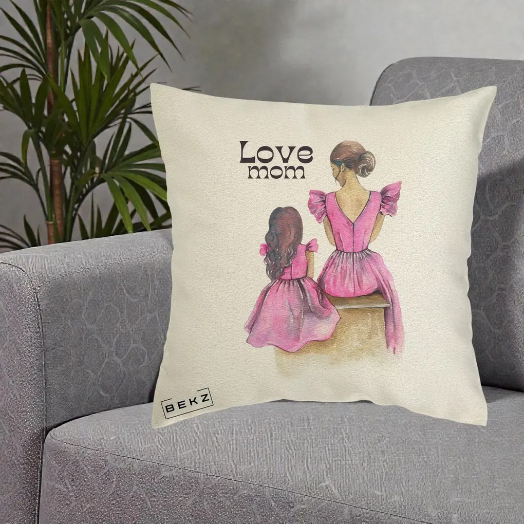Cadou pentru Mama - Perna Personalizata Love Mom Rochii Roz, 40x40 cm, Ecru, Husa Detasabila, Perna Inclusa, BEKZ®
