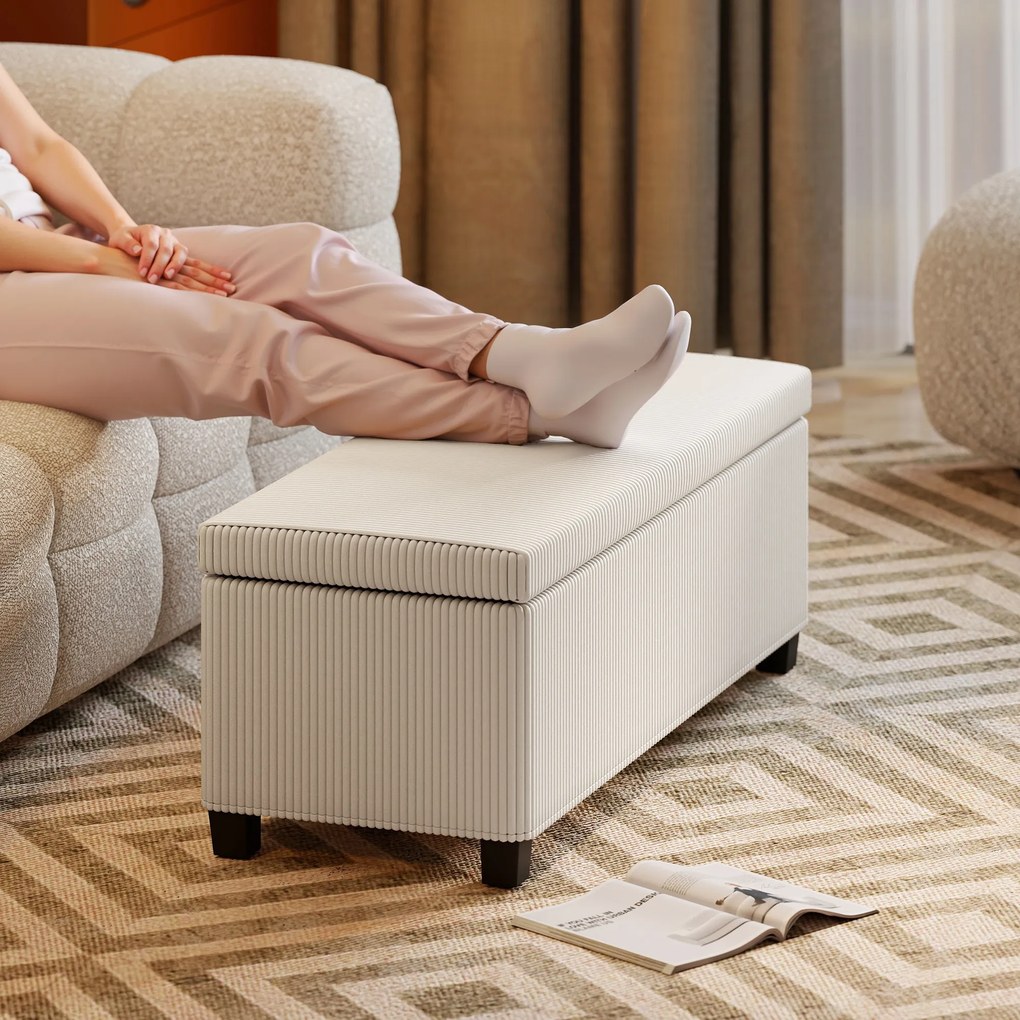 HOMCOM Bancă de Depozitare de 84L, din Țesătură cu Efect de Catifea și Oțel, 112x42x40 cm, Bej | Aosom Romania