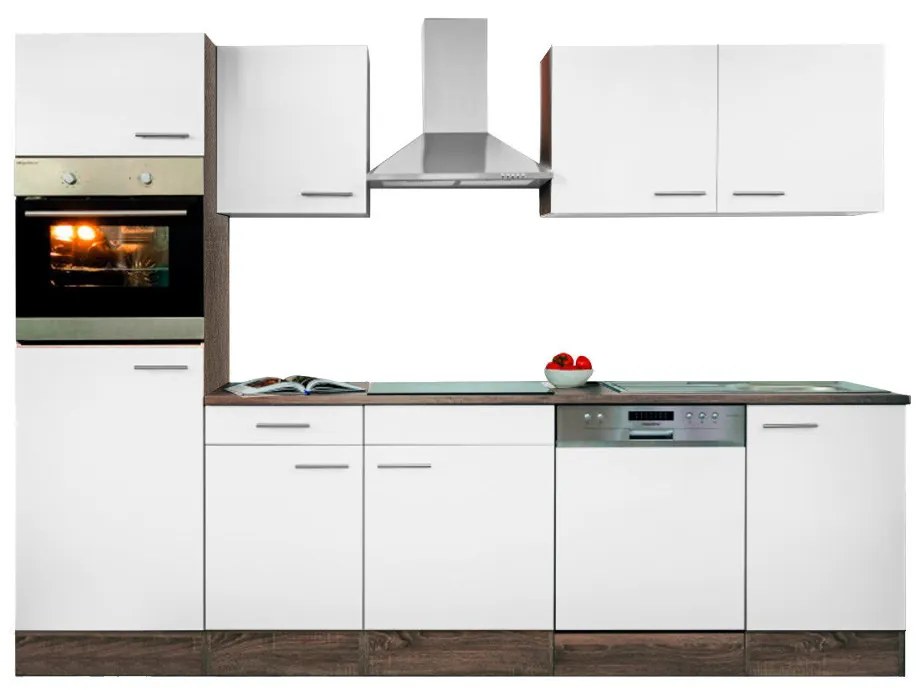 Mobilă de bucătărie Yorki cu corp din stejar Yorki, față alb satinat, dimensiune 280 cm