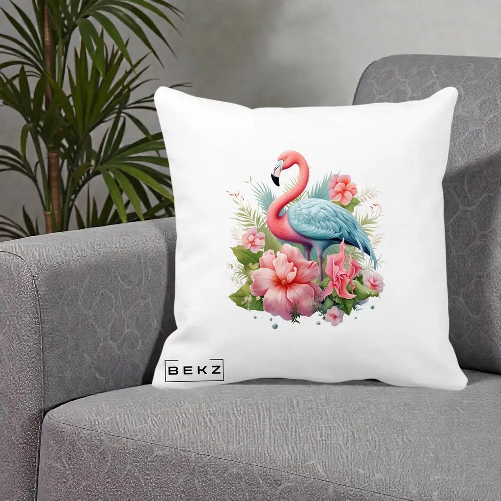 Perna Decorativa Flamingo cu Hibiscus Tropical, 40x40 cm, Alba Mata, Husa Detasabila, Perna Inclusa, BEKZ®
