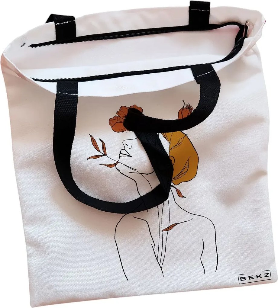 Sacosa de Panza pentru Cumparaturi, Geanta Tote, Flower Lady 8, Cu fermoar, 38x34.5 cm, Alba, BEKZ®