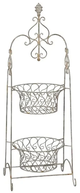 Suport etajat cu doua cosuri Vintage din metal antichizat 33x30x94 cm