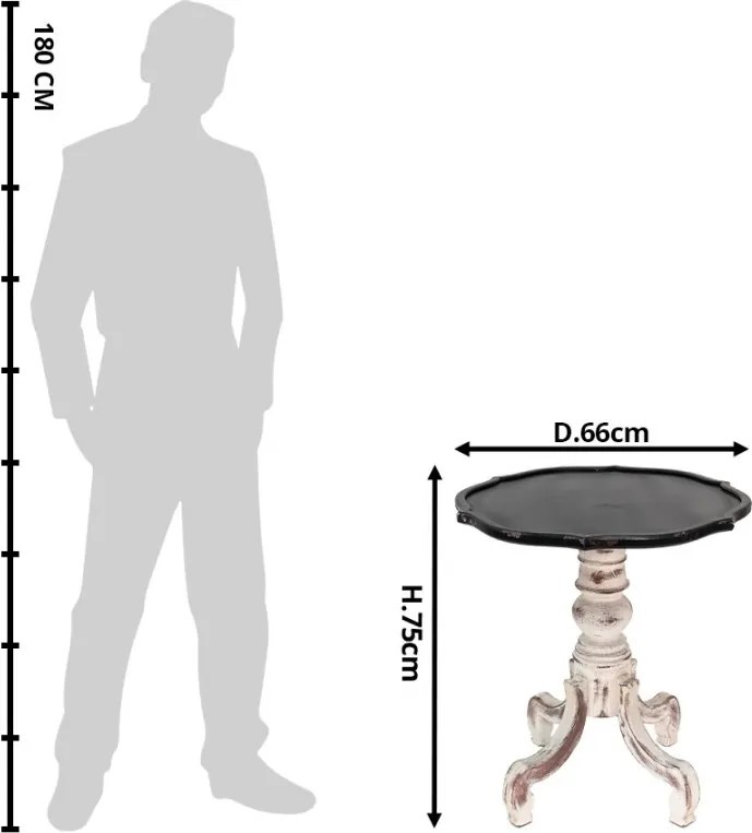 Măsuță laterală rotundă brocante din lemn, blat negru, picior baroc alb antichizat, Ø 66 cm, „Céleste"