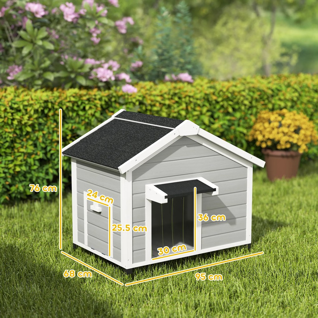 PawHut Niche pentru câini exterioară din lemn masiv casă pentru câini cu acoperiș deschis cort de ușă 95 x 68 x 76 cm gri deschis | Aosom Romania