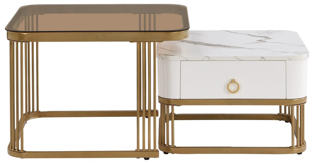 Set de Măsuțe de Cafea Suprapozabile din Marmură Lucioasă și Sticlă cu Detalii Aurii și Sertare, 60x60x42,5 cm + 50x50x34 cm, Alb