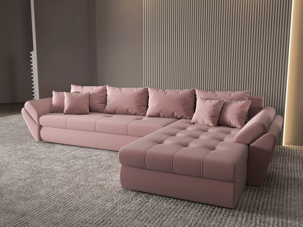 Colțar extensibil dumonde cu ladă de depozitare si sezut confortabil din spuma high-density, Loana XL Royal Roz II 335x185 cm