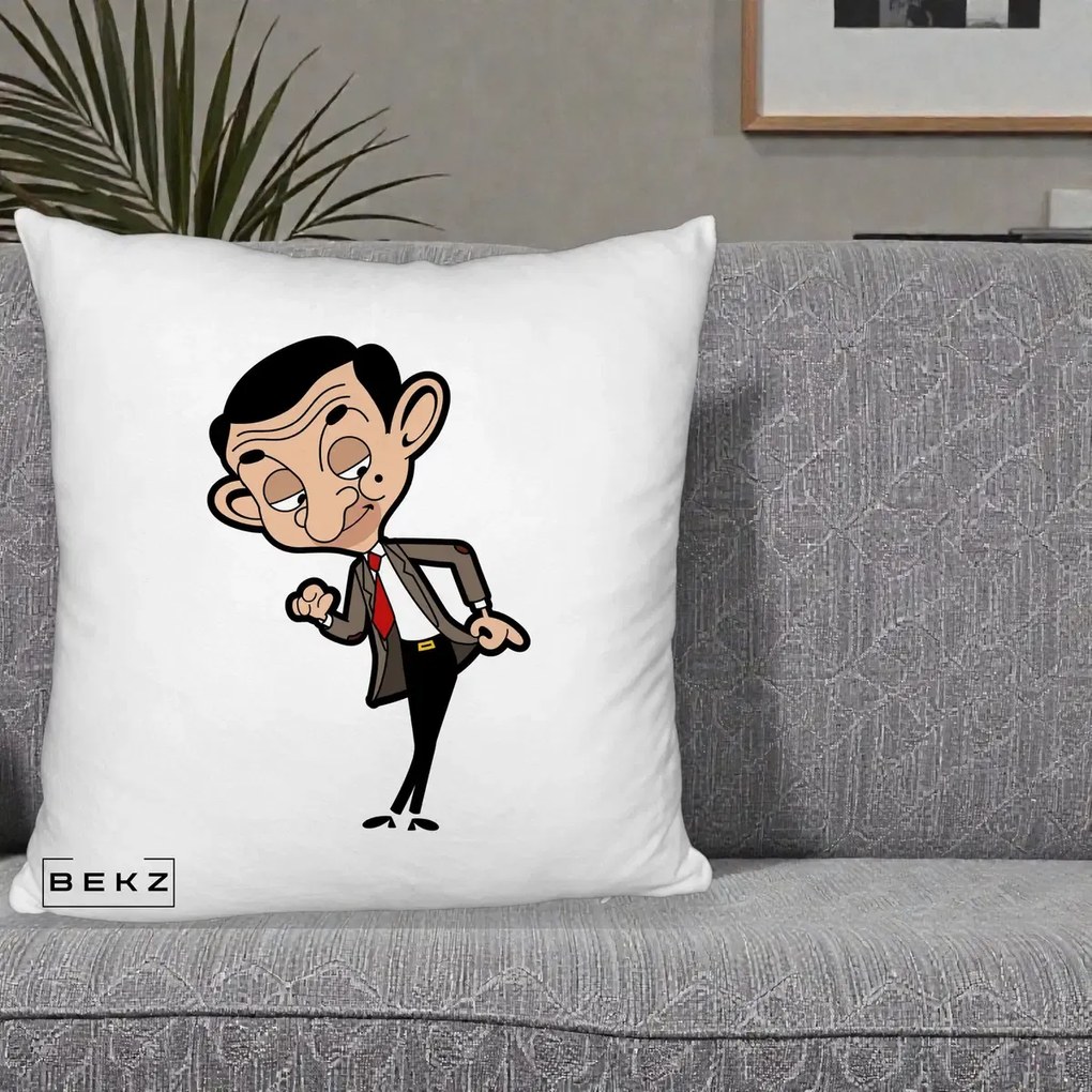 Perna Personalizata Mr. Bean Caricatura, 40x40 cm, Alb Pufos, Husa Detasabila, Perna Inclusa, BEKZ®