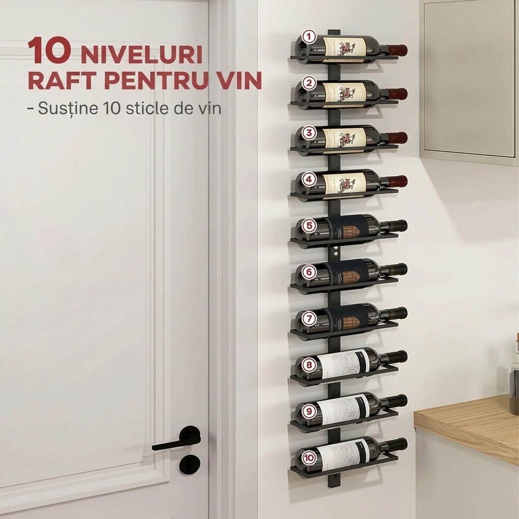 HOMCOM Suport pentru Sticle de Vin cu Montare pe Perete, 27x10x116 cm, Negru | Aosom Romania