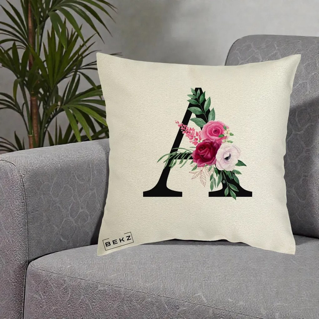 Cadou Personalizat - Perna Personalizata Monograma Florala Litera A, 40x40 cm, Ecru, Husa Detasabila, Perna Inclusa, BEKZ®