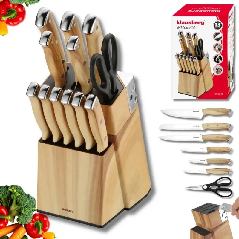 Set de cuțite de bucătărie Klausberg KB 9038, 13 piese, ascuțitor încorporat, oțel inoxidabil, suport, maro