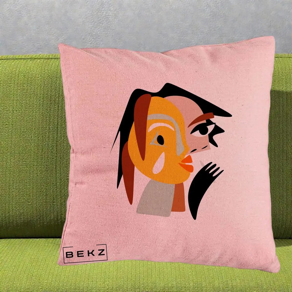 Perna Decorativa Portret Abstract Galben-Ocru, 40x40 cm, Roz, Husa Detasabila, Perna Inclusa, BEKZ®