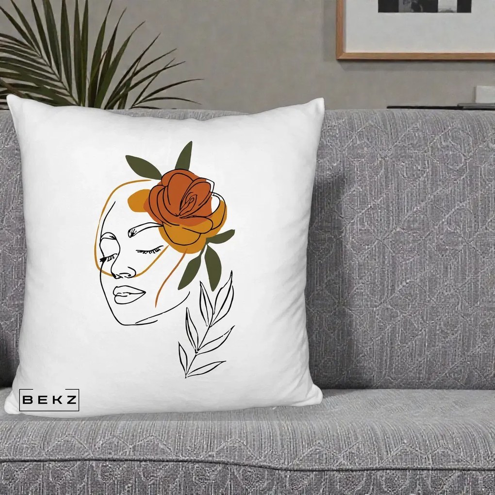 Perna Decorativa Portret Feminin Trandafir Ruginiu, 40x40 cm, Alb Pufos, Husa Detasabila, Perna Inclusa, BEKZ®
