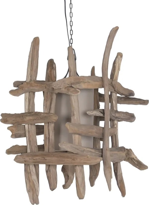 Lustră suspendată din rădăcină de tec reciclat și in, maro, finisaj natural, 79 x 50 cm, „Coucy”