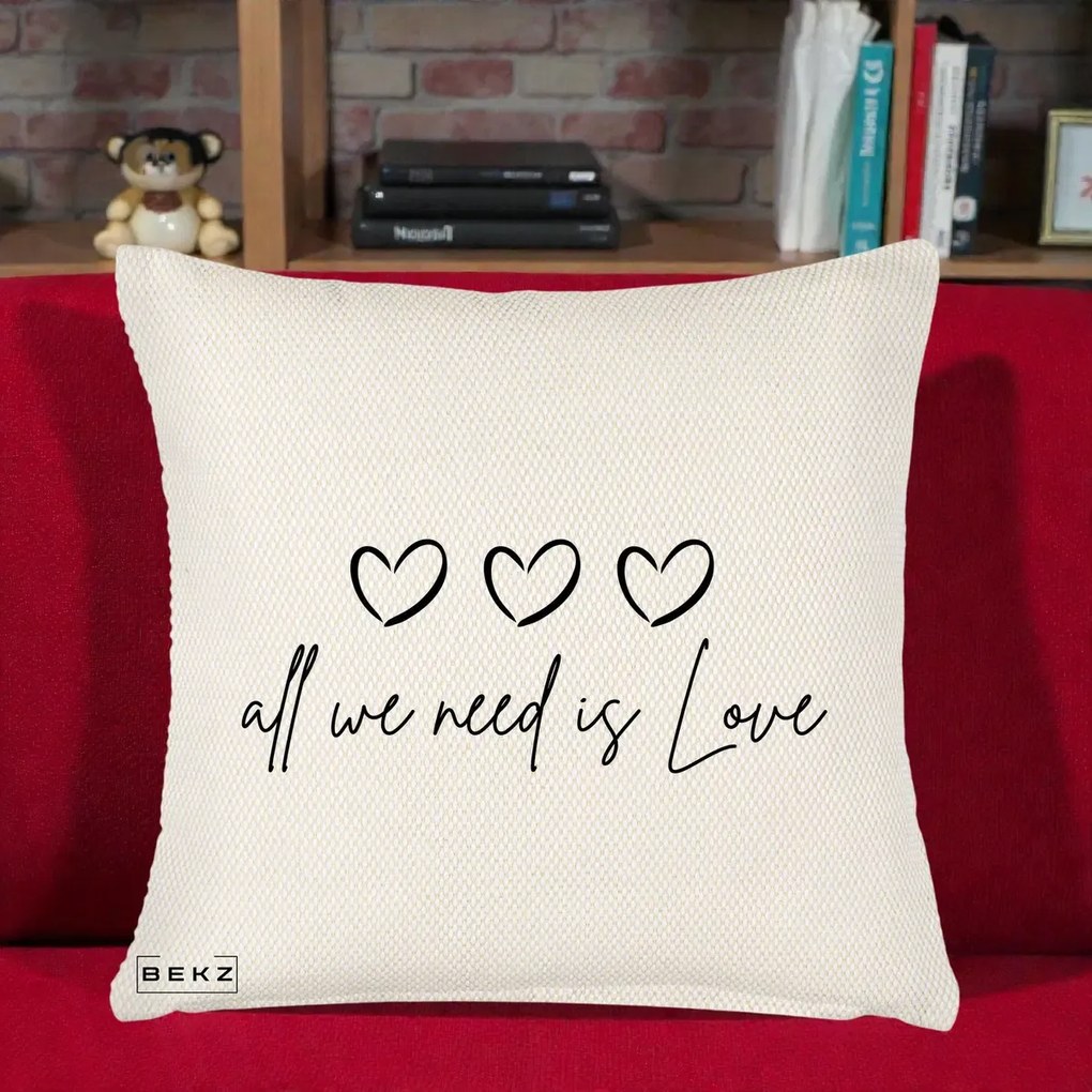 Perna Decorativa All We Need Is Love, 40x40 cm, Crem Reliefat, Husa Detasabila, Perna Inclusa, BEKZ®