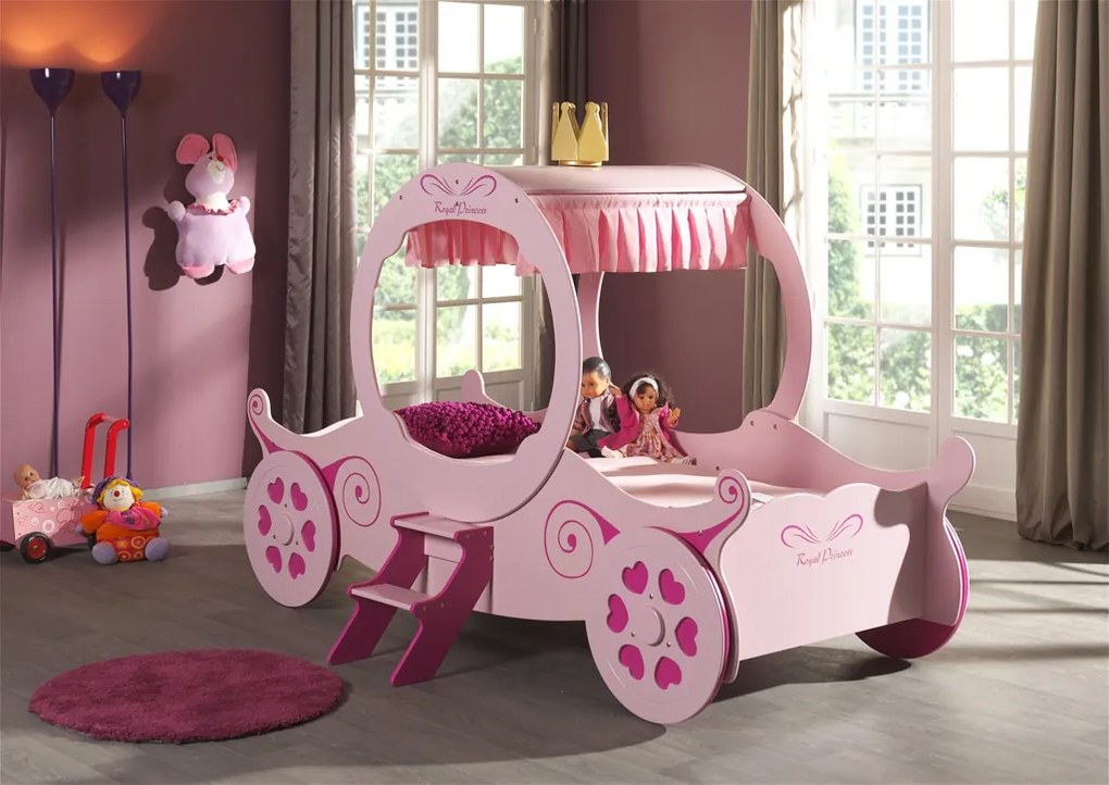 Set Pat Calească Royal Princess Kate și Saltea pentru Copii, 2 Piese, Roz (MDF) – Auto – Vipack